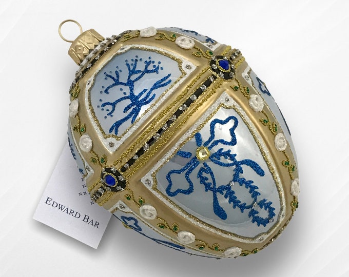 Light Blue Egg, Tsarevich Garlands, Glass Christmas Tree Decoration Tsar's Egg in Faberge Style with Swarovski Crystals