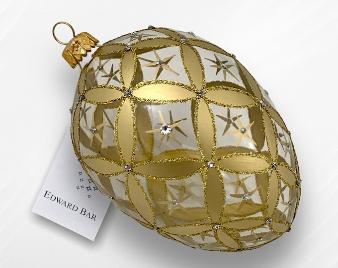 Transparent Egg, Little Stars, Swarovski Crystals, Glass Christmas Ornament, Faberge Style, Handmade Decorated, Polish Glass Traditional