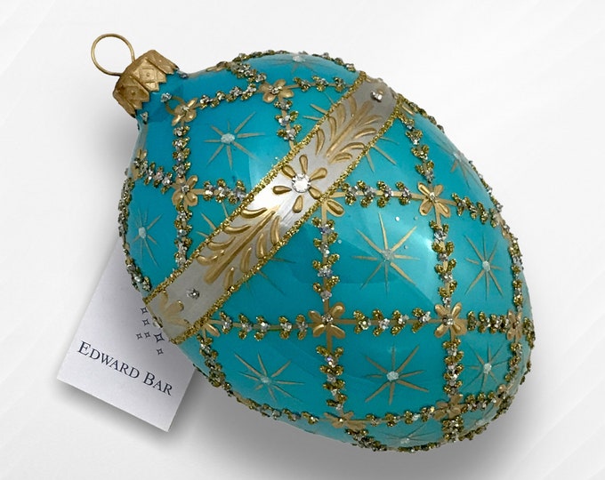 Turquoise Egg, Royal Carriage, Faberge Stye, Glass Christmas Tree Ornaments, Handmade With Swarovski Crystals,Plish Glass Ornaments