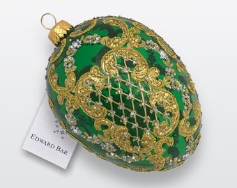 Transparent Green Egg, Ornamental, Glass Christmas Tree Ornaments, Handmade In Poland, Faberge Style, Swarovski Crystals