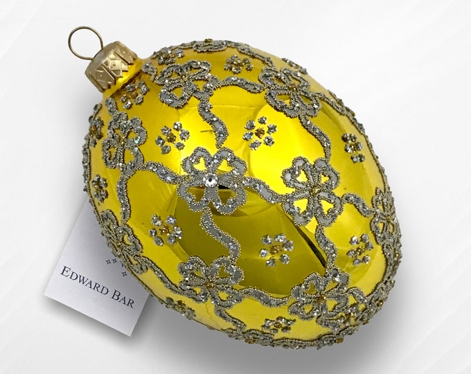 Gold Egg, Ribbons, Glass Christmas Tree Ornament Handmade In Poland, Edward Bar Ornaments, Faberge style tsar's egg