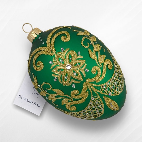 Green Easter Egg, Pysanka, Glass Egg Ornament with Swarovski Crystals, Hand Painted Christmas Tree Decorations, Egg Faberge Style