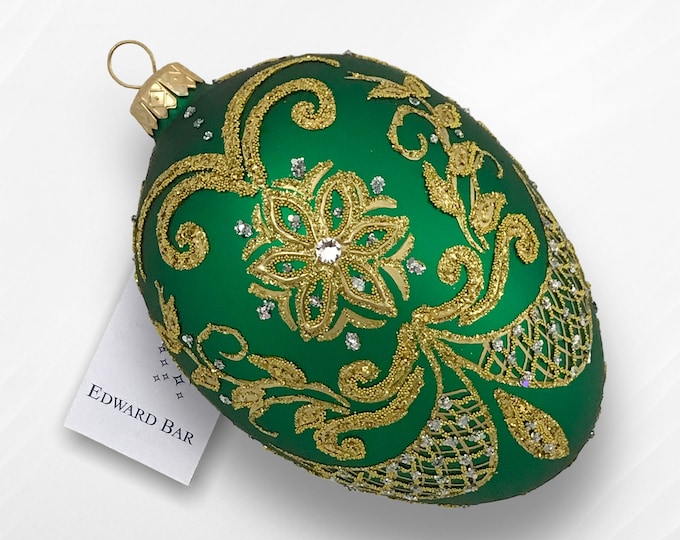 Green Easter Egg, Pysanka, Glass Egg Ornament with Swarovski Crystals, Hand Painted Christmas Tree Decorations, Egg Faberge Style