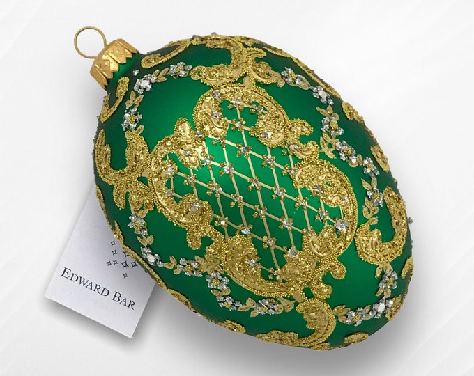 Royal Green Matt Egg, Ornamental, Glass Christmas Tree Ornament With Swarovski Crystals, Handmade in Poland, Egg Faberge Style, Royal Gift