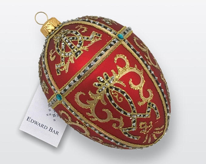 Collectible Bauble Matt Red Egg, Ornamental, Glass Christmas Ornament, Swarovski Crystals, Glass Handmade, Faberge Style Tsar's Eggs