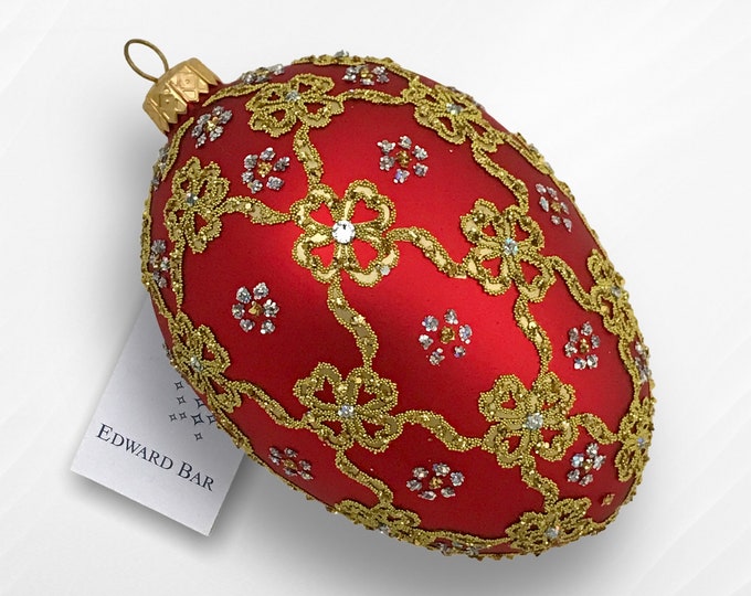 Red Matt Egg, Ribbons, Glass Christmas Tree Ornament Handmade In Poland, Tsar's Style Eggs, Traditional Polish Glass