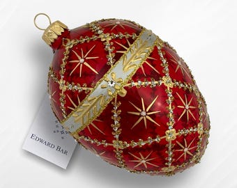 Red Transparent Egg, Royal Carriage, Faberge Style, Glass Christmas Tree Ornaments, Handmade With Swarovski Crystals, Faberge Style