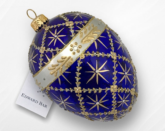 Transparent sapphire egg, Royal Carriage, Glass Christmas ornament handmade with Swarovski crystals,Faberge style Tsar's eggs