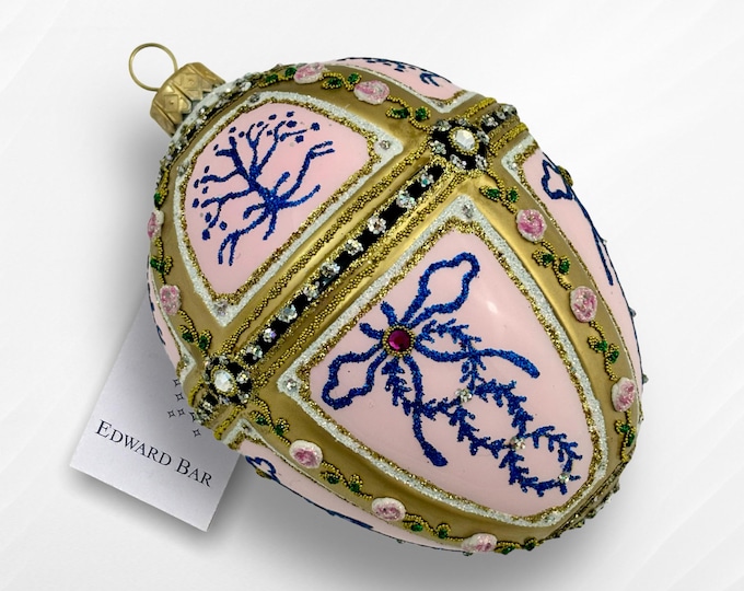 Pink Egg, Tsarevich Garlands, Glass Christmas Tree Decoration Tsar's Egg in Faberge Style with Swarovski Crystals