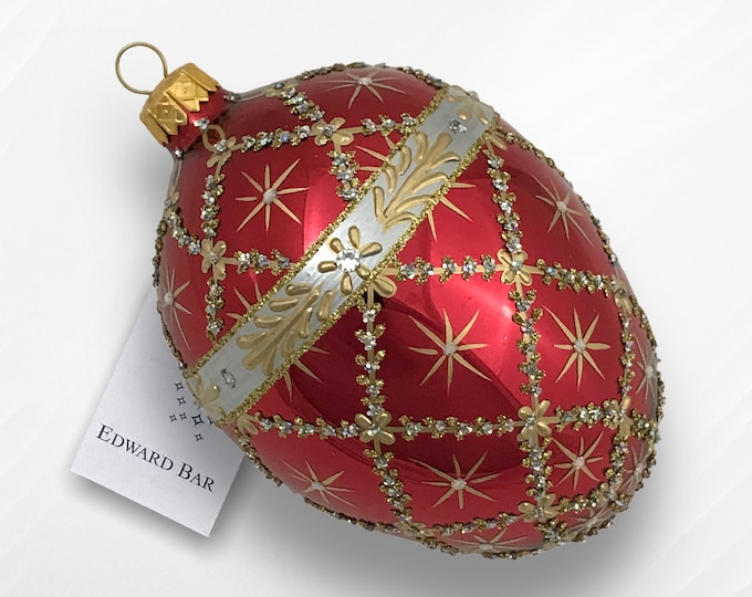 Red Egg, Royal Carriage, Faberge Style, Glass Christmas Tree Ornaments, Handmade With Swarovski Crystals, Faberge Style Tsar's Eggs