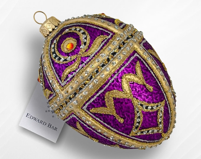 Glass Egg Ornament | Tsar Alex | Hand-Painted Faberge Style | Richly Decorated with Crystals | Luxury Collectible Christmas Bauble