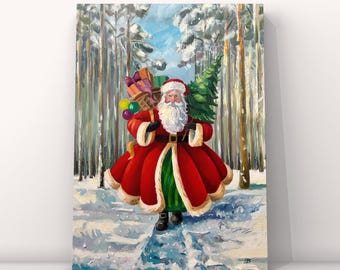 Santa Claus in a Winter Forest, Oil Painting- Christmas Art, Original Hand-Painted