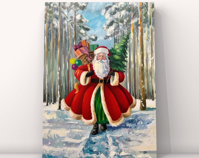 Santa Claus in a Winter Forest, Oil Painting- Christmas Art, Original Hand-Painted