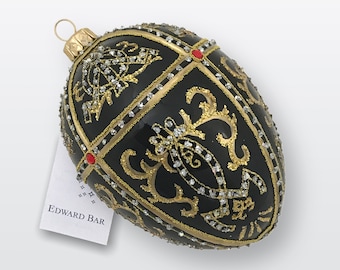 Black Glossy Egg Ornament, Oriental Egg, Glass Christmas Ornament With Swarovski Crystals, Handmade In Poland, Faberge Style Tsar's Eggs
