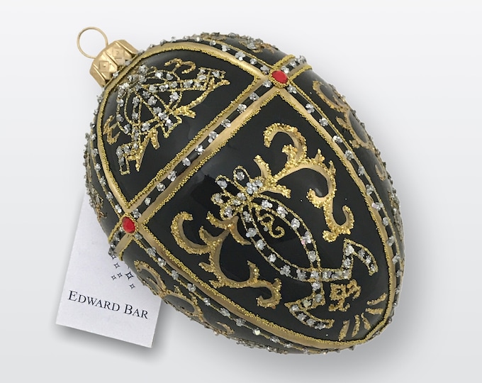 Black Glossy Egg Ornament, Oriental Egg, Glass Christmas Ornament With Swarovski Crystals, Handmade In Poland, Faberge Style Tsar's Eggs