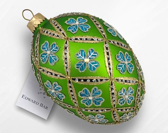 Green & Blue Matt Egg, 4 Leaf Clover, Glass Christmas Ornament With Swarovski Crystals, Handmade In Poland, Edward Bar Ornaments