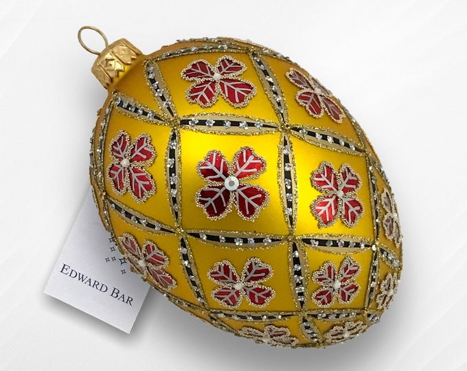 Golden Egg, 4 Leaf Clover, Glass Christmas Ornament with Swarovski crystals-handmade in Poland, Faberge Style, Unique Gift