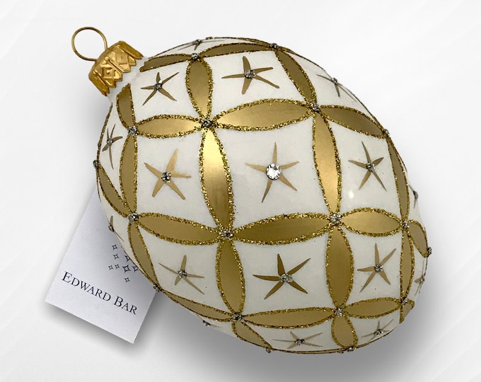 White Matt Egg, Little Stars, Glass Christmas Ornaments, Swarovski Crystals, Faberge Style, Handmade Decorated, Polish Glass Ornaments