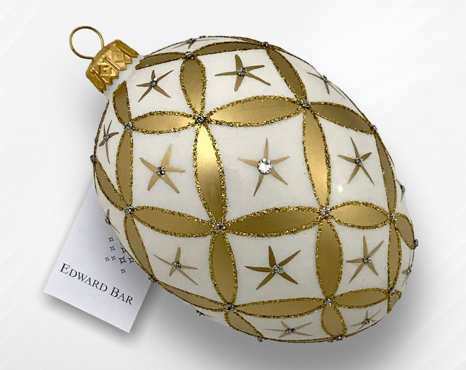 White Egg, Little Stars, Glass Christmas Ornaments, Swarovski Crystals, Faberge Style, Handmade Decorated, Polish Glass Ornaments