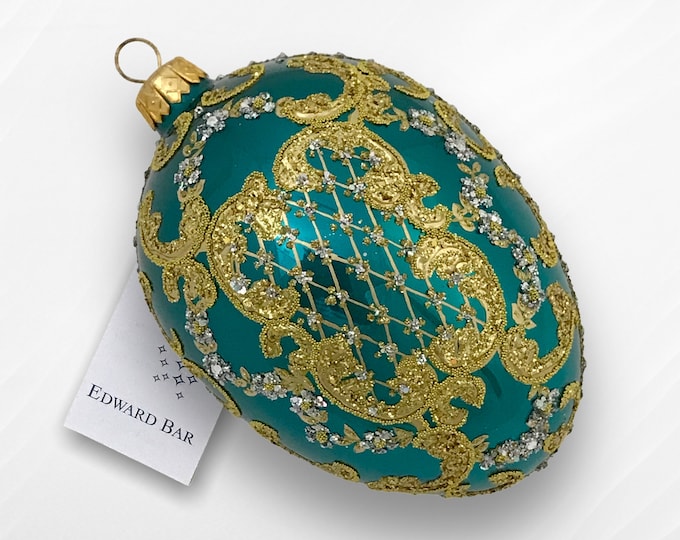 Sea Green Glossy Egg, Ornamental, Glass Christmas Tree Ornament With Swarovski Crystals, Handmade in Poland, Polish Glass, Royal Eggs