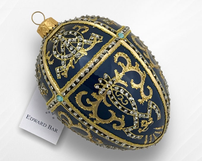 Indigo Glossy Egg Ornament, Oriental Egg, Glass Christmas Ornament With Swarovski Crystals, Handmade In Poland, Faberge Style Tsar's Eggs