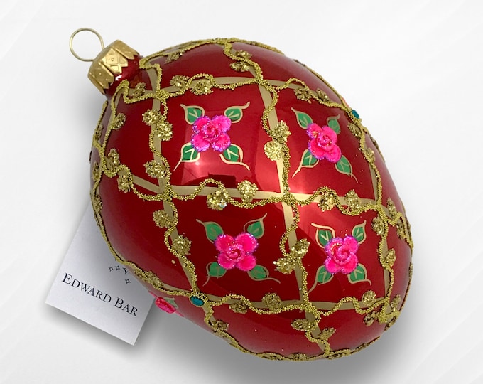 Red Glossy Egg, Wild Rose, Glass Christmas Ornaments With Swarovski Crystals, Faberge Style Egg, Royal Gift, Handmade in Poland,