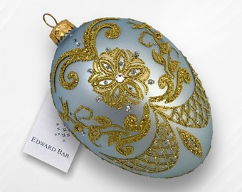 Light Blue Easter Egg, Pysanka, Glass Egg Ornament with Swarovski Crystals, Hand Painted Christmas Tree Decorations, Egg Faberge Style