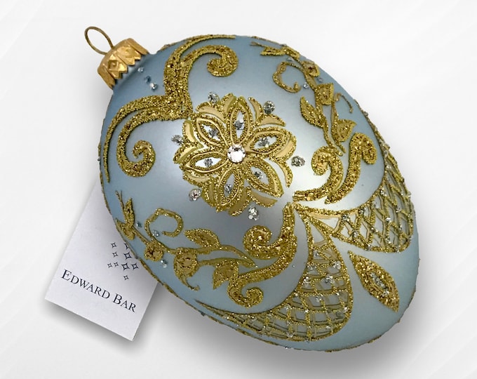 Light Blue Easter Egg, Pysanka, Glass Egg Ornament with Swarovski Crystals, Hand Painted Christmas Tree Decorations, Egg Faberge Style