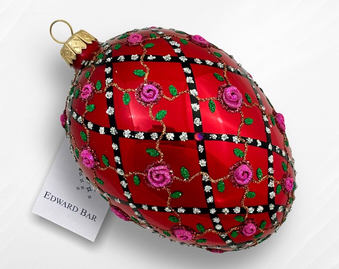 Red Egg, Rose Trellis, Rose Flowers Ornament, Glass Christmas Ornament, Handmade In Poland, Faberge Style Tsar's Egg with Swarovski Crystals