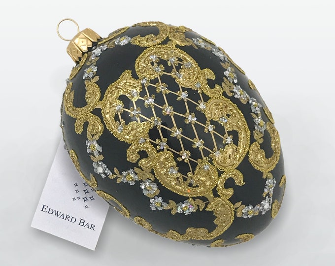 Black Egg, Ornamental, Glass Christmas Tree Ornament With Swarovski Crystals, Handmade in Poland, Polish Glass, Royal Eggs