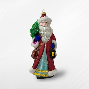 Santa Claus with Oil Lamp, Old World Christmas Blown, Father Christmas Hanging Ornament, Santa Claus in Red Coat with Christmas Tree