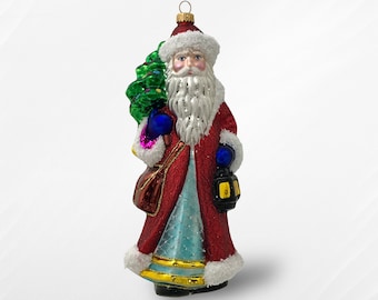 Santa Claus with Oil Lamp, Old World Christmas Blown, Father Christmas Hanging Ornament, Santa Claus in Red Coat with Christmas Tree