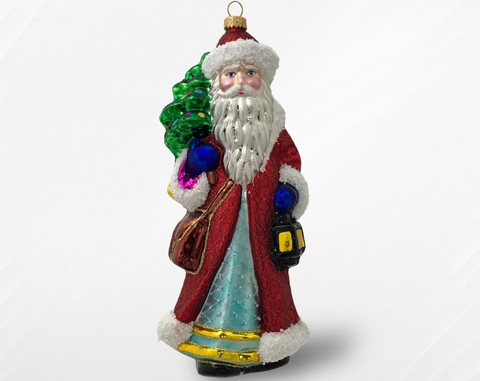Santa Claus with Oil Lamp, Old World Christmas Blown, Father Christmas Hanging Ornament, Santa Claus in Red Coat with Christmas Tree