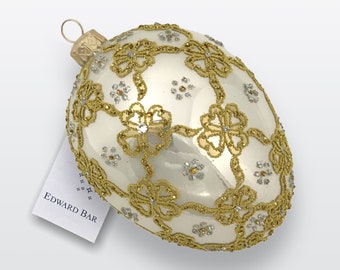 Pearl White Egg, Ribbons, Glass Christmas Tree Ornament Handmade in Poland, Tsar's Eggs, Traditional Polish Glass