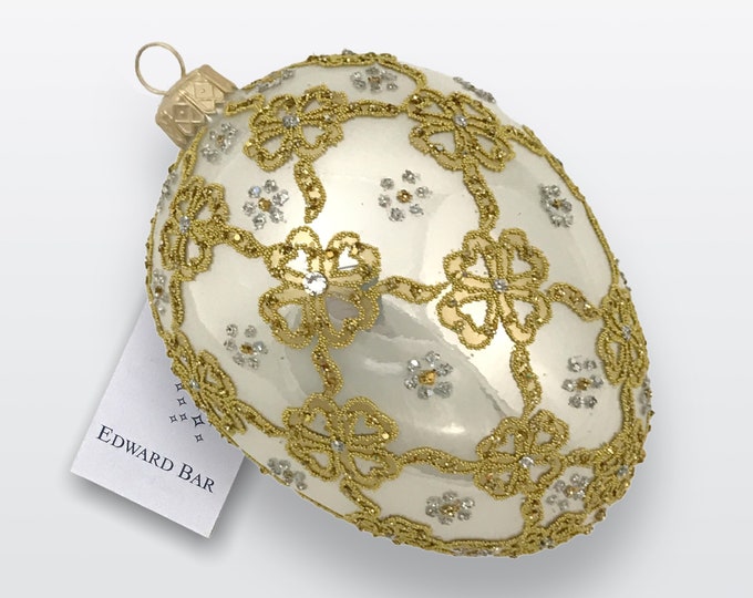 Pearl White Egg, Ribbons, Glass Christmas Tree Ornament Handmade in Poland, Tsar's Eggs, Traditional Polish Glass