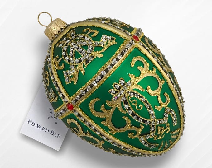 Green egg, Oriental, hand-blown glass ornament, Christmas decorations, Tsarist egg, Feberge style