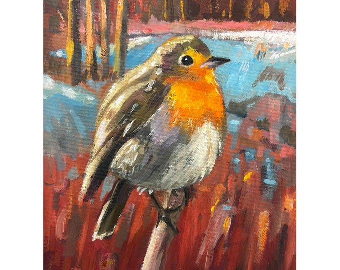 Original Oil Painting "Robin" – Woodland Bird Art, Winter Bird on Branch, Nature-Inspired Home Decor