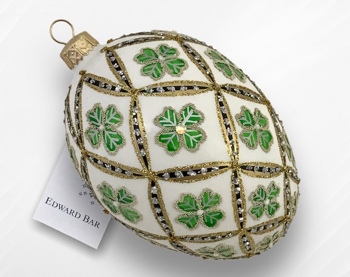 White&Green Egg, 4 Leaf Clover, Glass Christmas Ornament With Swarovski Crystals, Faberge Style Tsar's Egg, Unique Gift