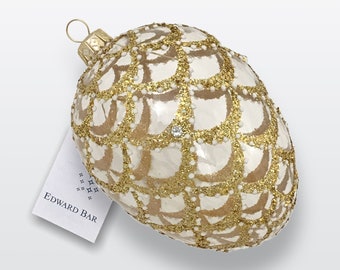 Glass Egg Christmas Ornament Faberge Style | Hand-Painted Christmas Bauble | Gold Cone with Crystal | Edward Bar Luxury Holiday Decor | Gift