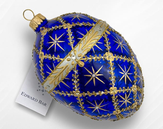 Transparent sapphire egg, Royal Carriage, Glass Christmas ornament handmade with Swarovski crystals, Faberge style Tsar's eggs