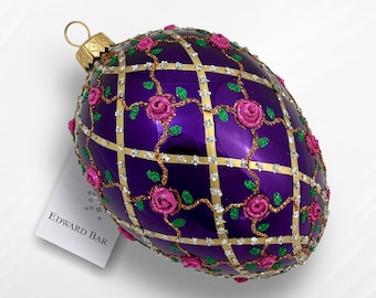 Purple Egg | Rose Checkered Pattern | Hand-painted glass Christmas tree ornament | Glass Christmas ornaments | Faberge Christmas baubles