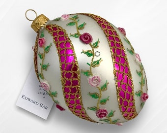 Pink & White Egg, Spiral Rose, Glass Christmas Tree Ornaments, Handmade With Svarowski Crystals, Edward Bar