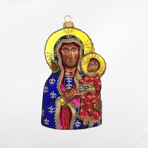 Mother of God with Jesus, Our Lady Of Czestochowa, Religious Glass Christmas Ornament, Religious Ornaments, Mother of God with Baby Jesus