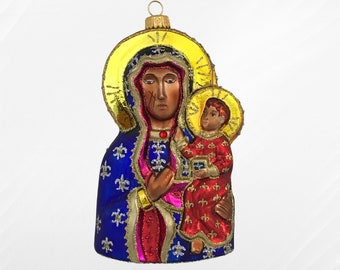 Mother of God with Jesus, Our Lady Of Czestochowa, Religious Glass Christmas Ornament, Religious Ornaments, Mother of God with Baby Jesus