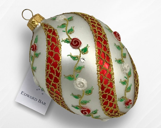 White & Red Egg, Spiral Rose, Glass Christmas Tree Ornament With Swarovski Crystals, TraditionHandmade in Poland
