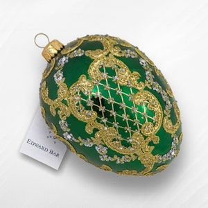 Glossy Green Egg, Ornamental, Glass Christmas Tree Ornament With Swarovski Crystals, Handmade in Poland, Polish Glass Ornaments