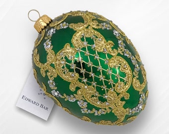 Glossy Green Egg, Ornamental, Glass Christmas Tree Ornament With Swarovski Crystals, Handmade in Poland, Polish Glass Ornaments