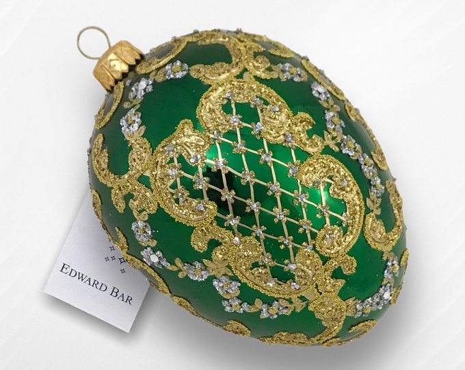 Glossy Green Egg, Ornamental, Glass Christmas Tree Ornament With Swarovski Crystals, Handmade in Poland, Polish Glass Ornaments