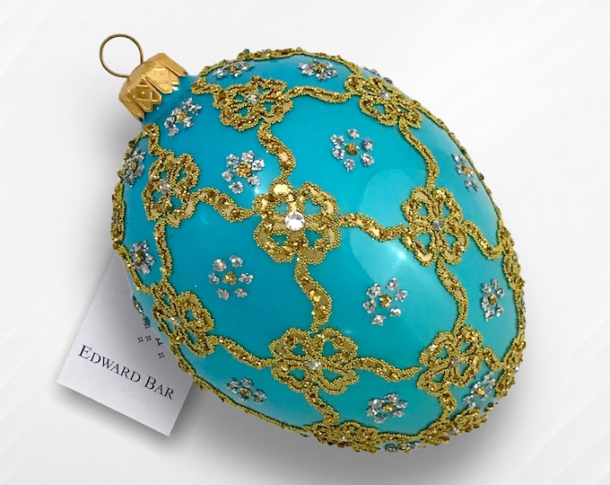 Turquoise Egg Ornament, Ribbon Egg, Glass Christmas Ornament With Swarovski Crystals, Faberge style, Handmade in Poland, Royal Easter Egg