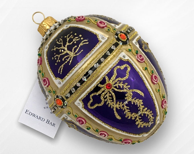 Purple Egg, Tsarevich Garlands, Glass Christmas Tree Decoration Tsar's Egg in Faberge Style with Swarovski Crystals